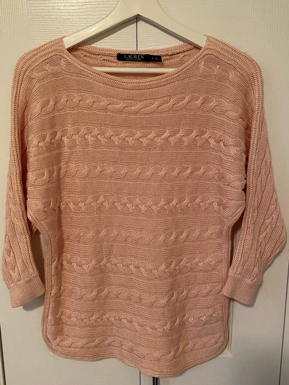 Ralph Lauren Blush Pink Cable-Knit Boat  Neck Sweater batwing sleeve Size Medium